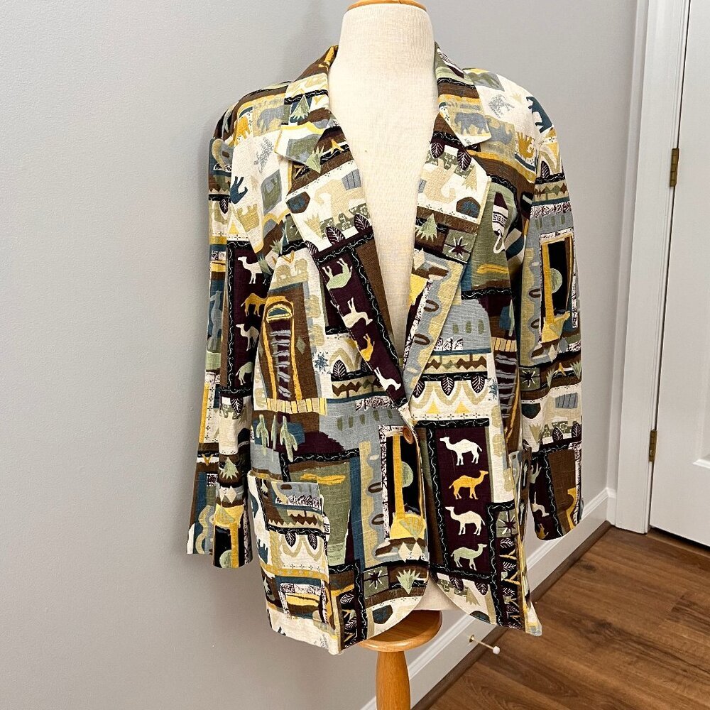 Vintage Danielle B Southwestern Print Flax Blend Blazer Jacket Sz L